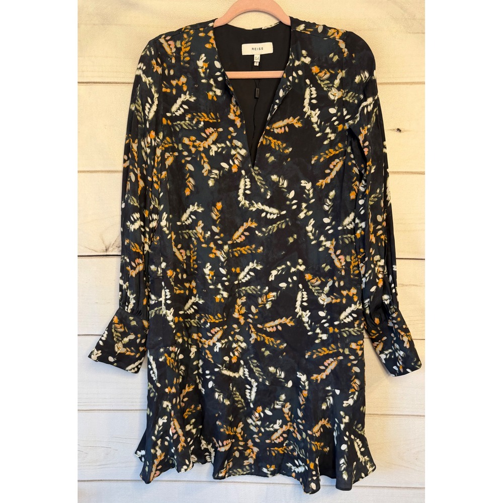 Reiss Women Floral Leaf Print V-Neck Long Sleeve Ruffle Hem Mini Dress Size 4